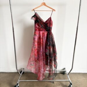 Theia Asymmetrical Pink Floral Chiffon Dress